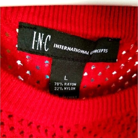Inc Red Perforated Long Sleeve Sweater L Rayon Nylon Blend - Picture 2 of 6